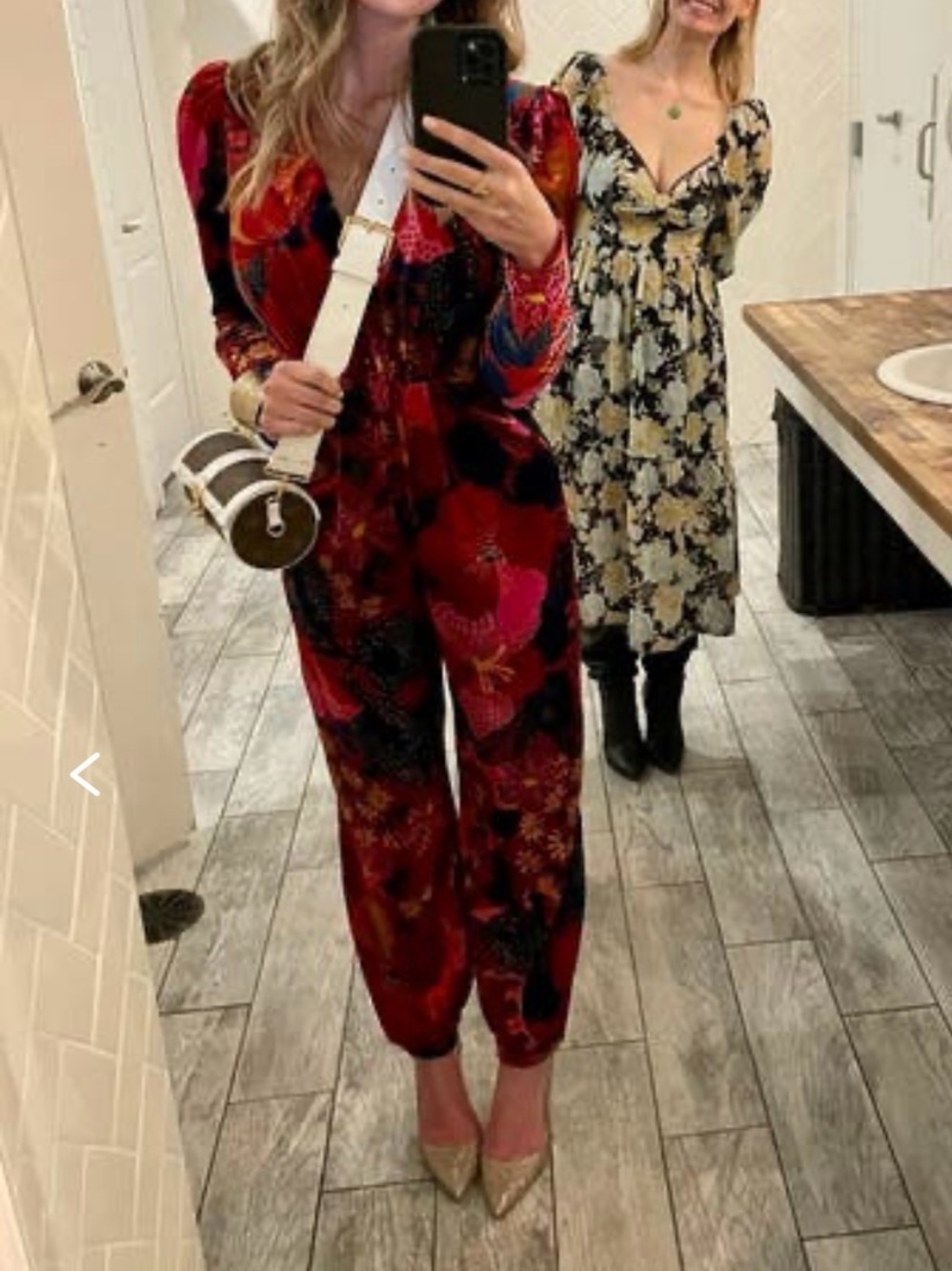 FARM Rio Anthropologie Velvet Red Floral Print Snake Garden Boho Jumpsuit size M - Picture 5 of 5
